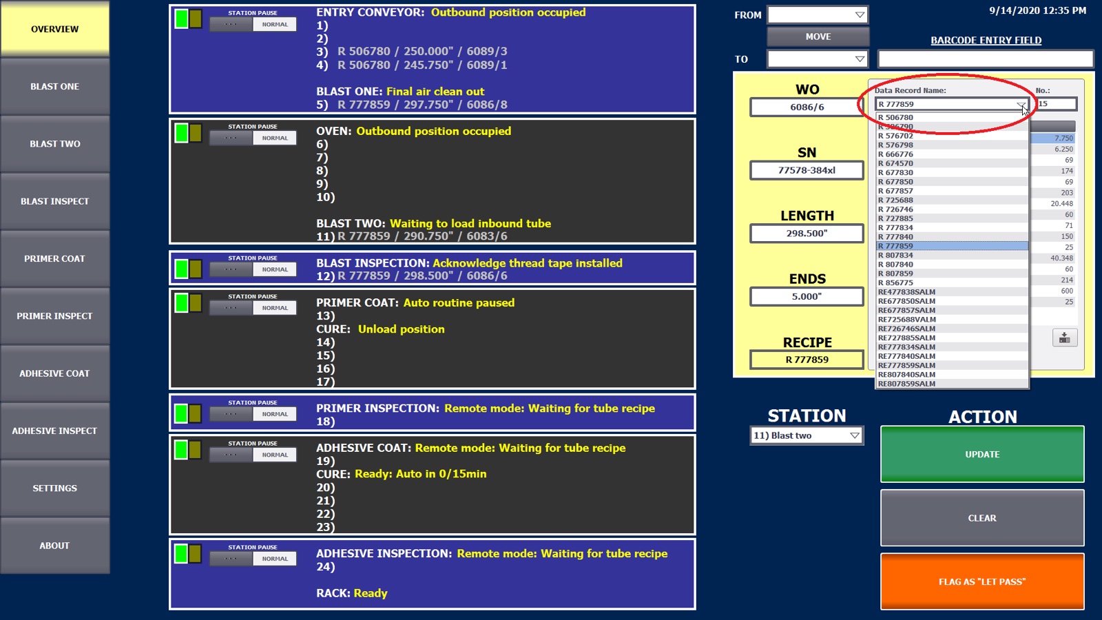 Line overview screen tracking each tube by work order, serial number and length through blast, oven, primer, cure, adhesive and inspection stations