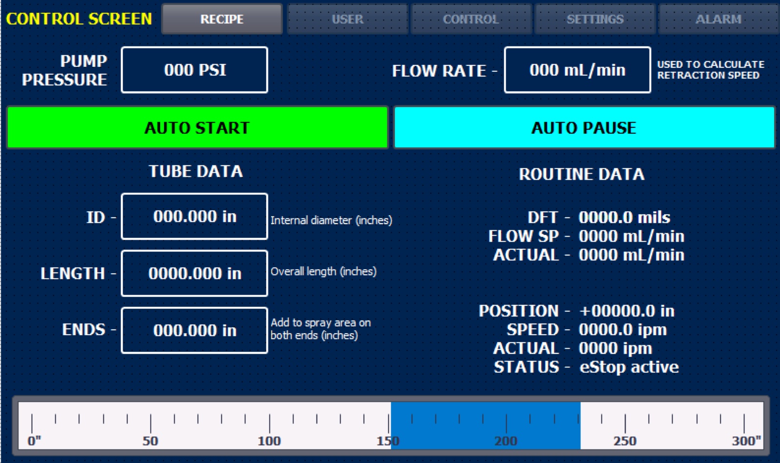 Portable Drive System control screen with tube data, flow setpoint, DFT and lance position and speed