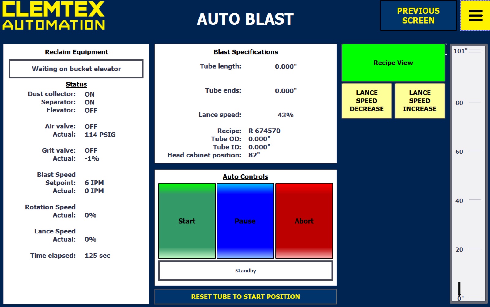 Auto blast screen showing reclaim equipment status, blast speed setpoint and actual, tube specifications and head cabinet position