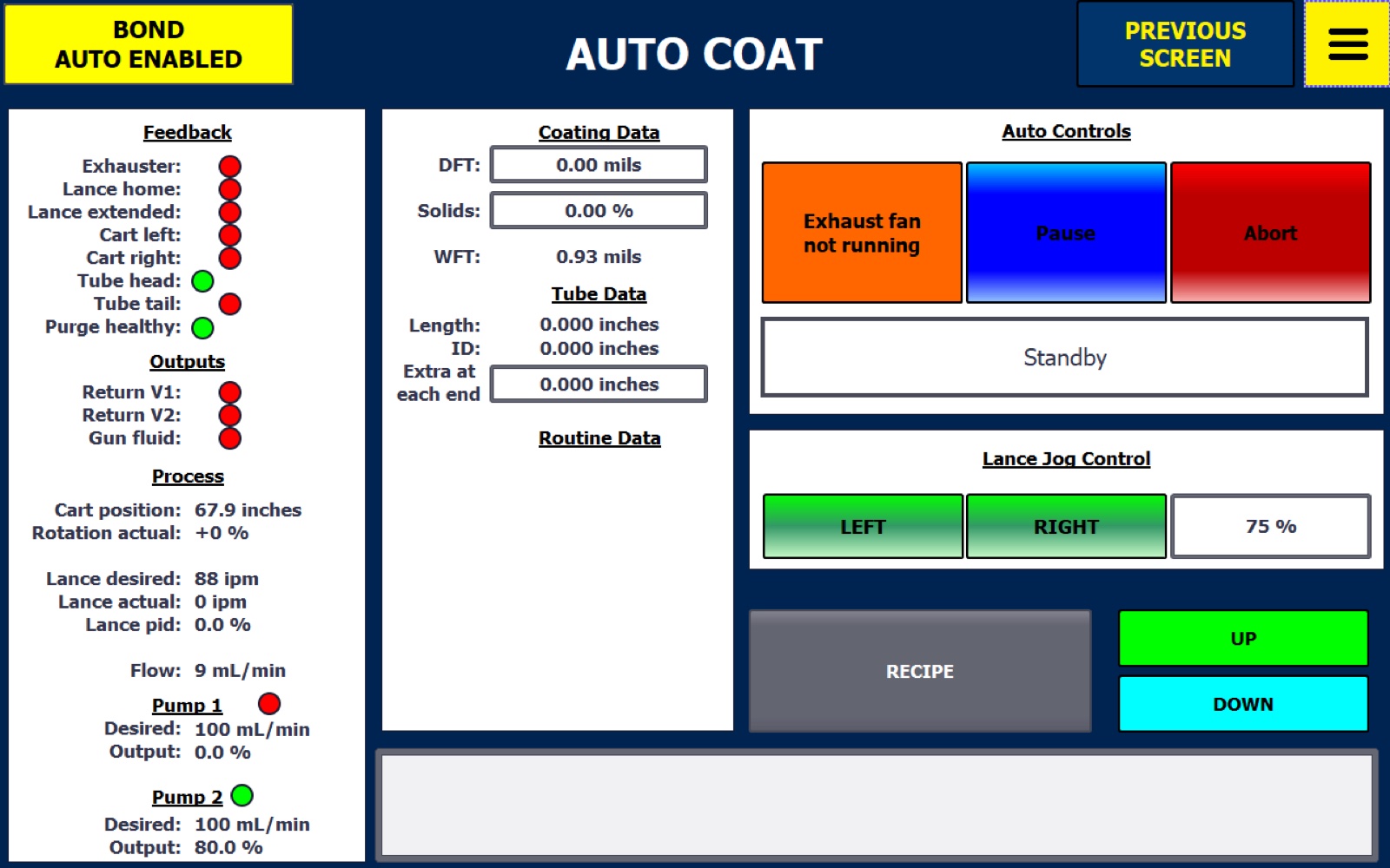 Auto coat screen showing lance PID, pump flow setpoints, DFT, solids and wet-film readback